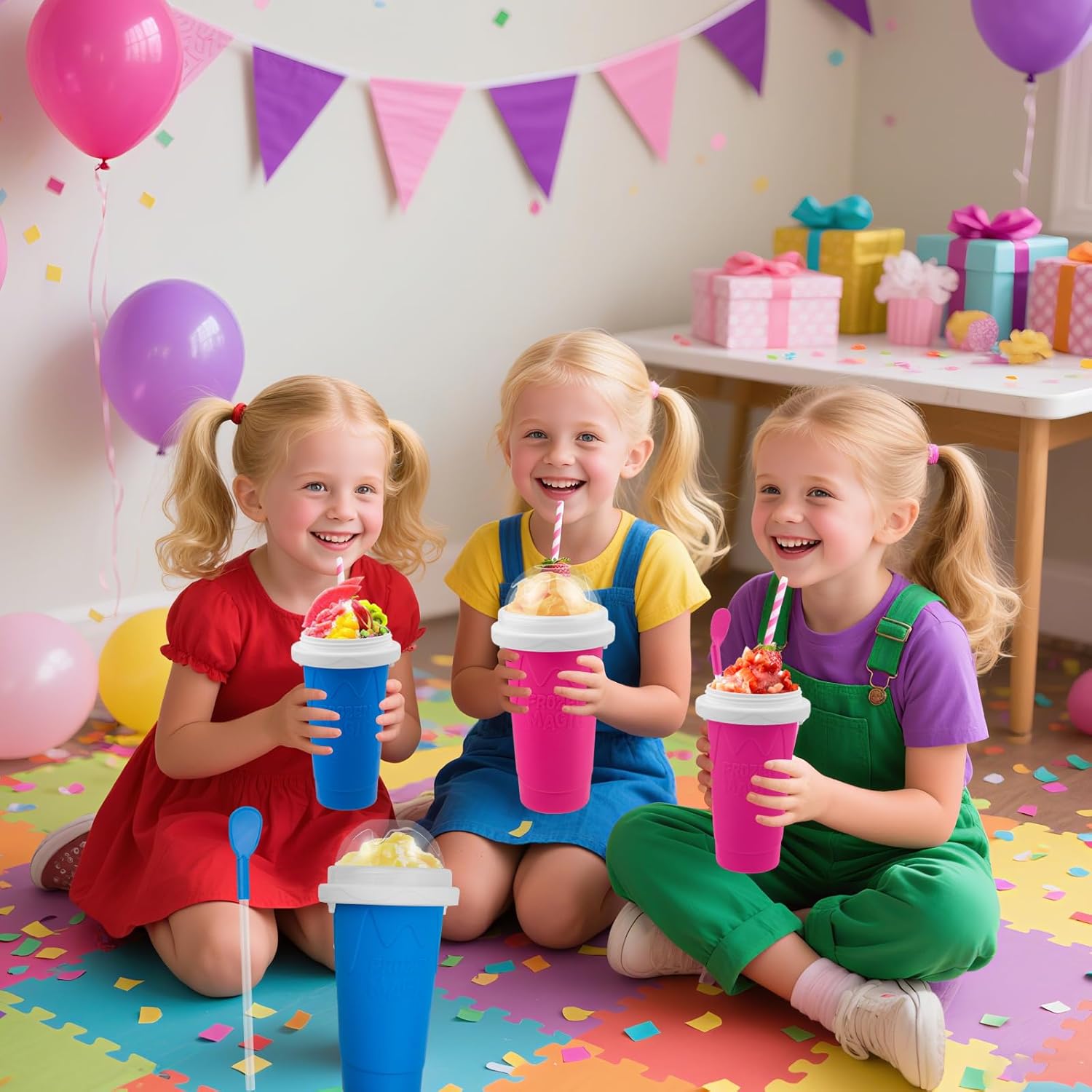 2PCS Slushie Maker Cup, Quick Frozen Magic Cups for Homemade Milk Shake Ice Cream Maker, Double Layer Squeeze Slushy Maker Cup, Birthday Gifts for Kids,Friends,Family (Blue+Pink)