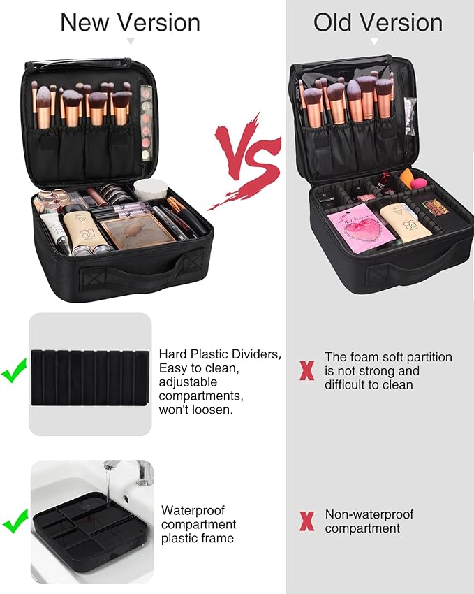 Relavel Makeup Bag, Makeup Organizer Bag Travel Train Case Portable Cosmetic Artist Storage Bag with Adjustable Baffle for Makeup Brush Jewelry (Black)