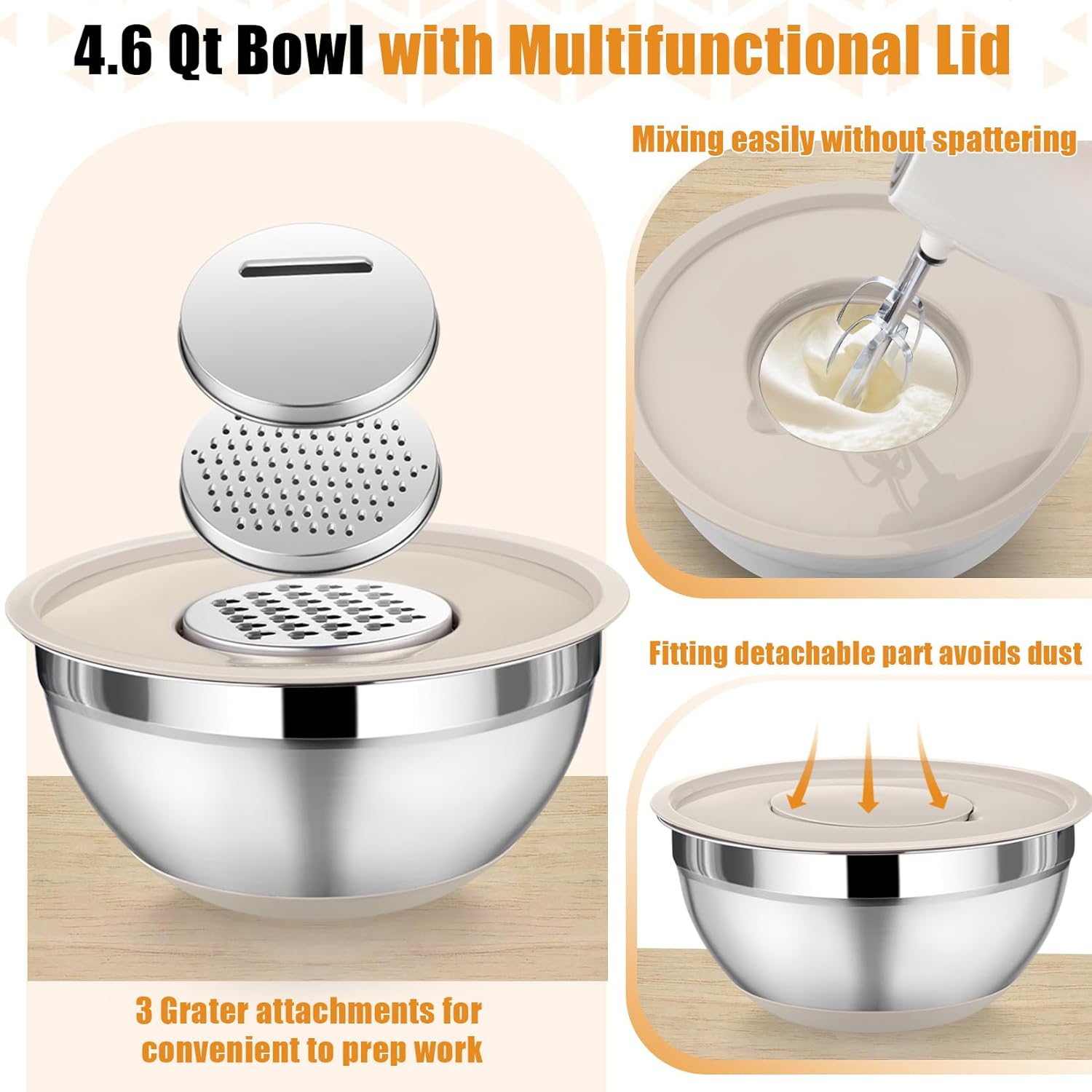 P&P CHEF Mixing Bowl with Lid Set, 5 Piece Stainless Steel Mixing Nesting Bowls for Salad Storage, 3 Grater Attachments & Non-Slip Bottoms, Size 1/1.5/2 / 2.6/4.6 QT, Khaki