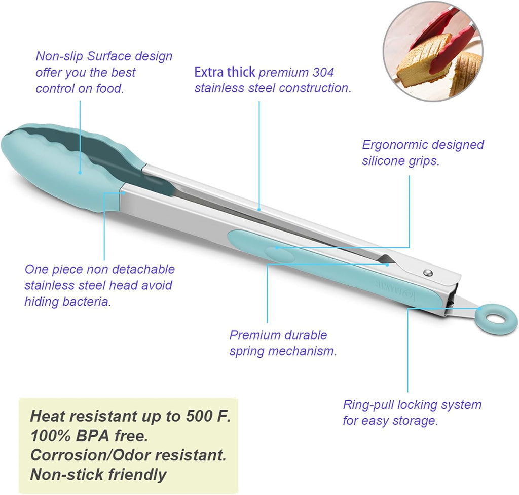 4 Pack Aqua Sky Kitchen Tongs, Premium Silicone BPA Free Non-Stick Stainless Steel BBQ Cooking Grilling Locking Food Tongs, 9-Inch & 12-Inch