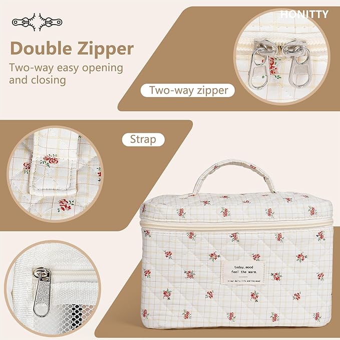 Makeup Bag,Quilted Cosmetic Bags,Large Floral Make Up Organize bag,Makeup Bag Set for Women,Flower Travel Toiletry Bag