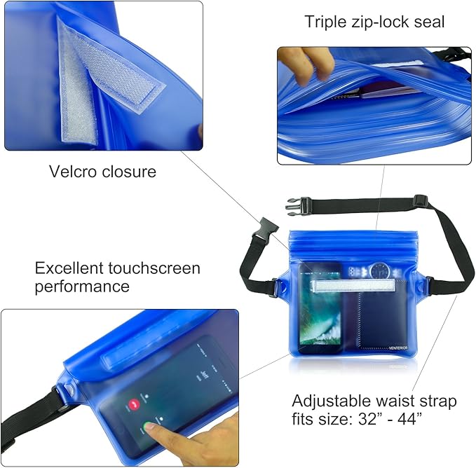 Waterproof Waist Pouch 2-Pack | Beach Accessories Fanny Pack for Swimming Snorkeling Sailing Kayaking Beach Pool Water Parks | Keep Your Phone Wallet Safe and Dry (White & Black)