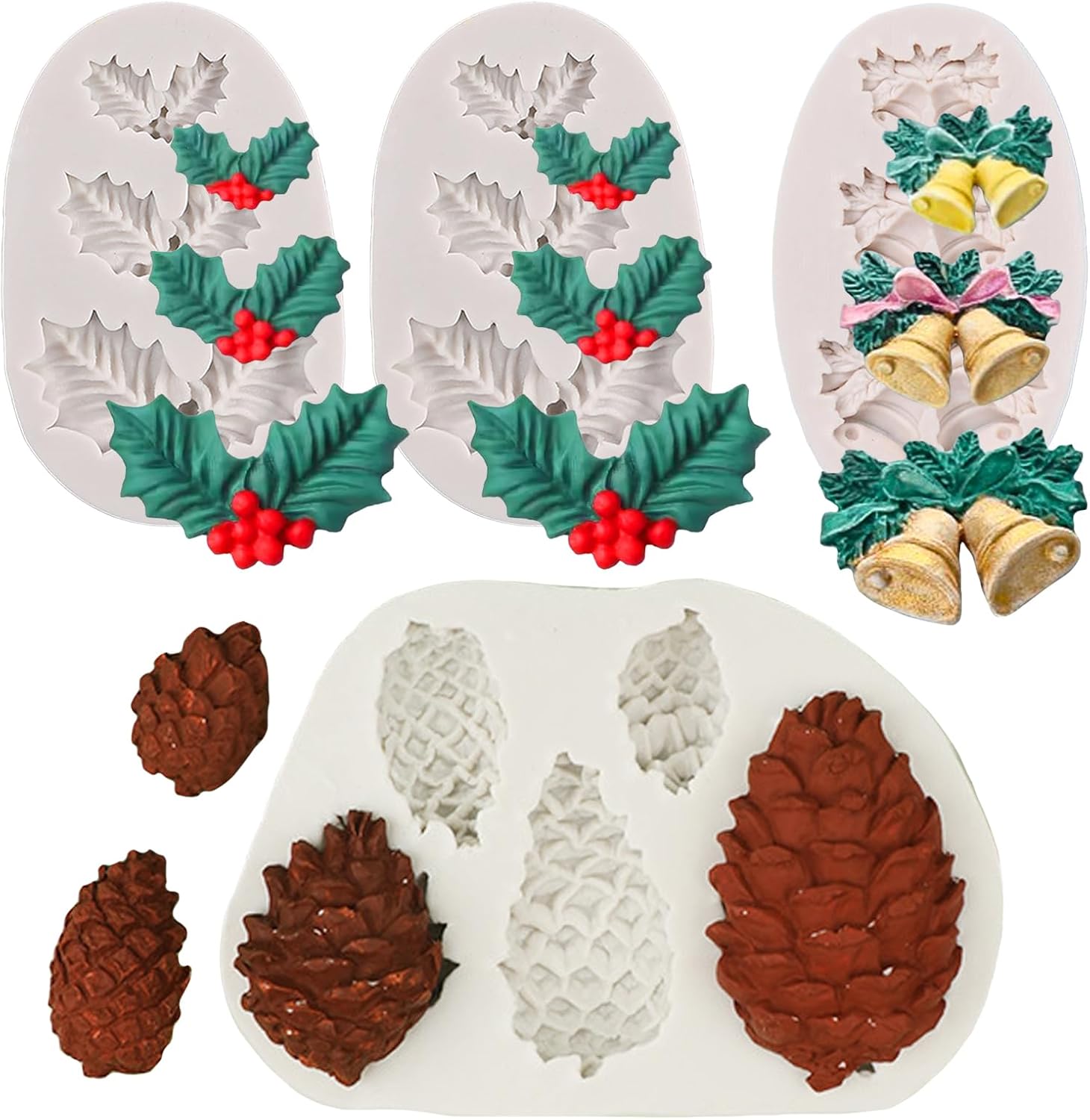 4PCS Christmas Fondant Molds, Christmas Holly Leaves Bells Pinecone Silicone Chocolate Molds, Unique Shape Cake Pop Candy Gummy Molds for Baking, DIY Holiday Dessert Polymer Clay Candle Craft