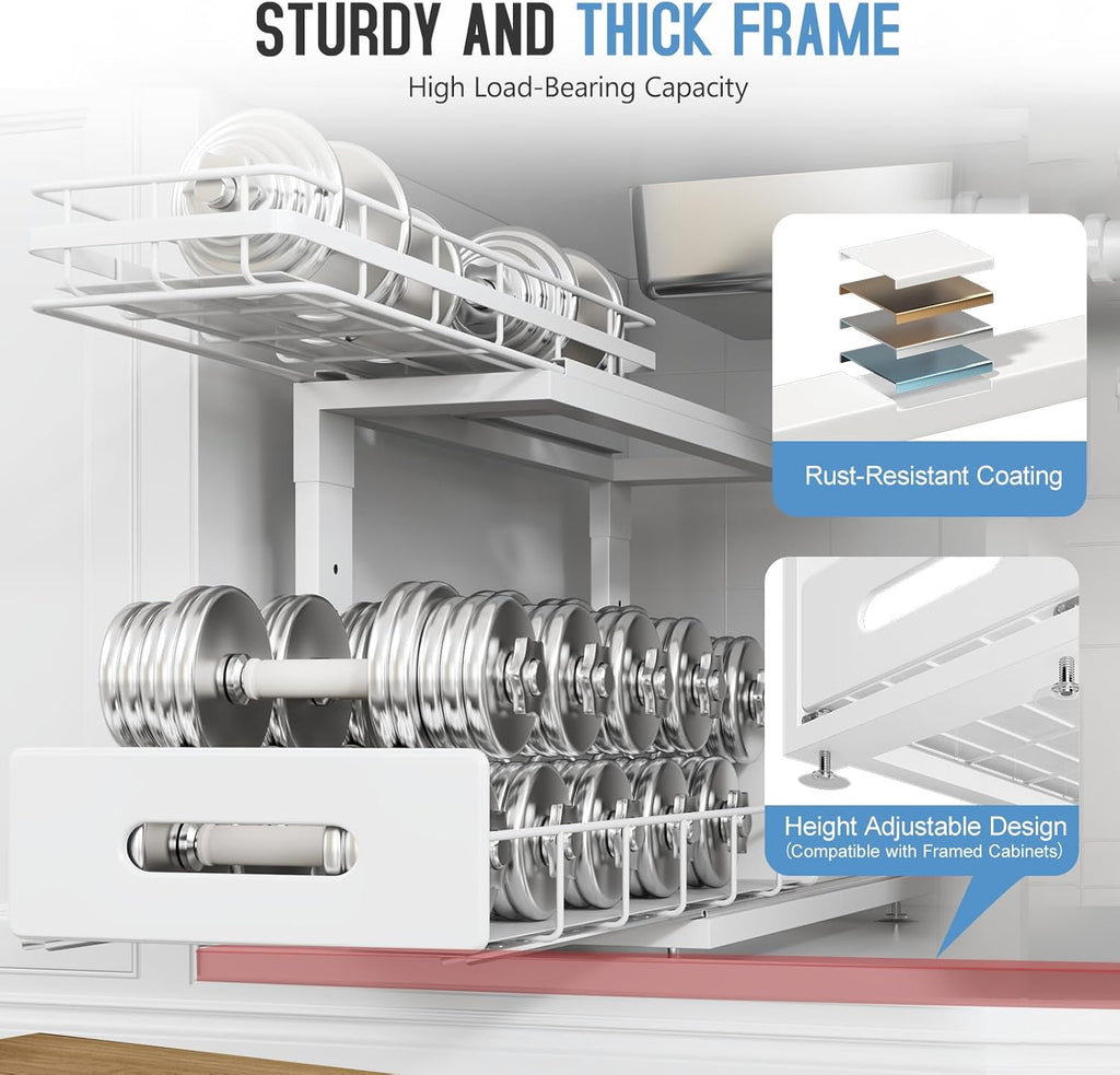 2 Pack 18 IN Depth Under Sink Organizer with Smooth Ball Bearing Slides,2-Tier Pull Out Cabinet Storage,Slide Out Drawers for Bathroom&Kitchen,Rust-resistant Coating,Height Adjustable-White