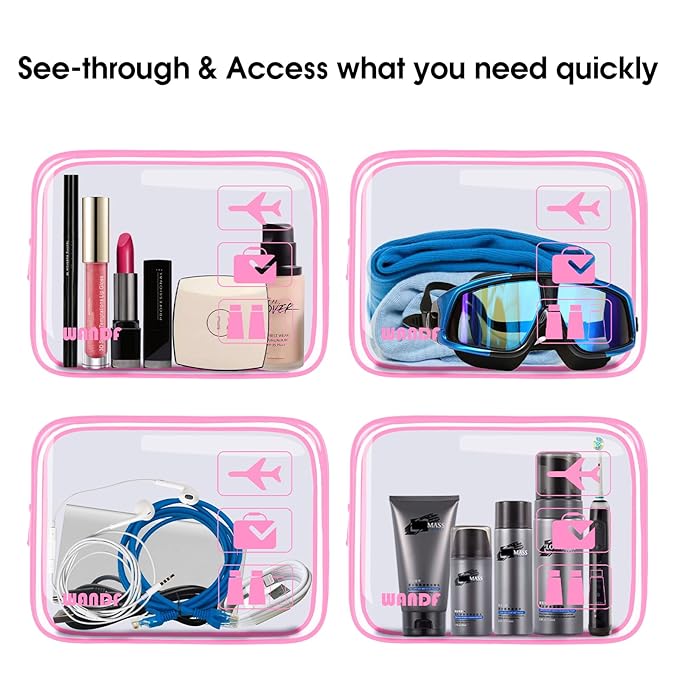 TSA Approved Clear Travel Toiletry Bag wih Zippers Carry-on Travel Accessories Quart Size Toiletries Cosmetic Pouch Makeup Bags for Men and Women (4pcs Pink)