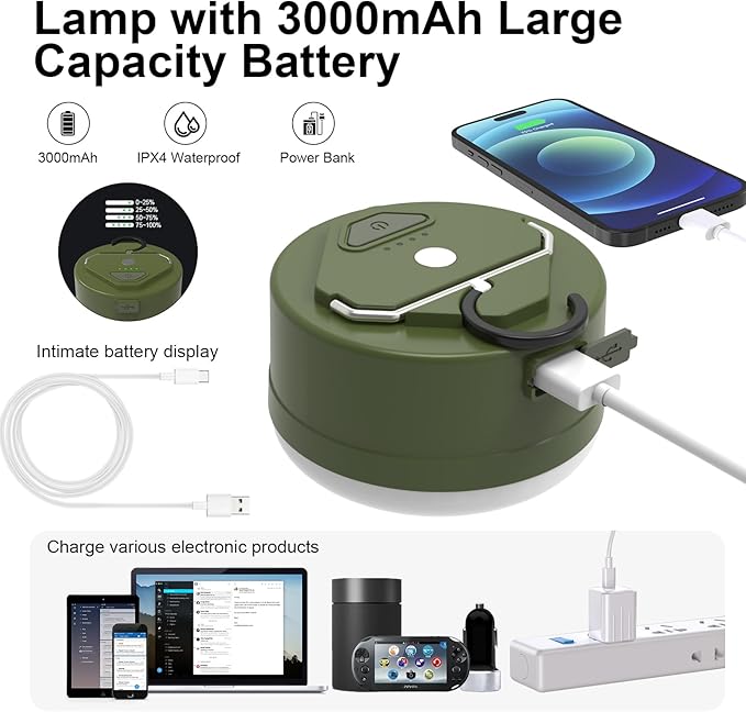 3000mAh 2000LM Rechargeable Camping Light , Warm/White/Nature/SOS 4Modes Brightness Stepless Adjust Camping Lantern Rechargeable Tent Light for Power Failure Emergency Survival Kits (1)