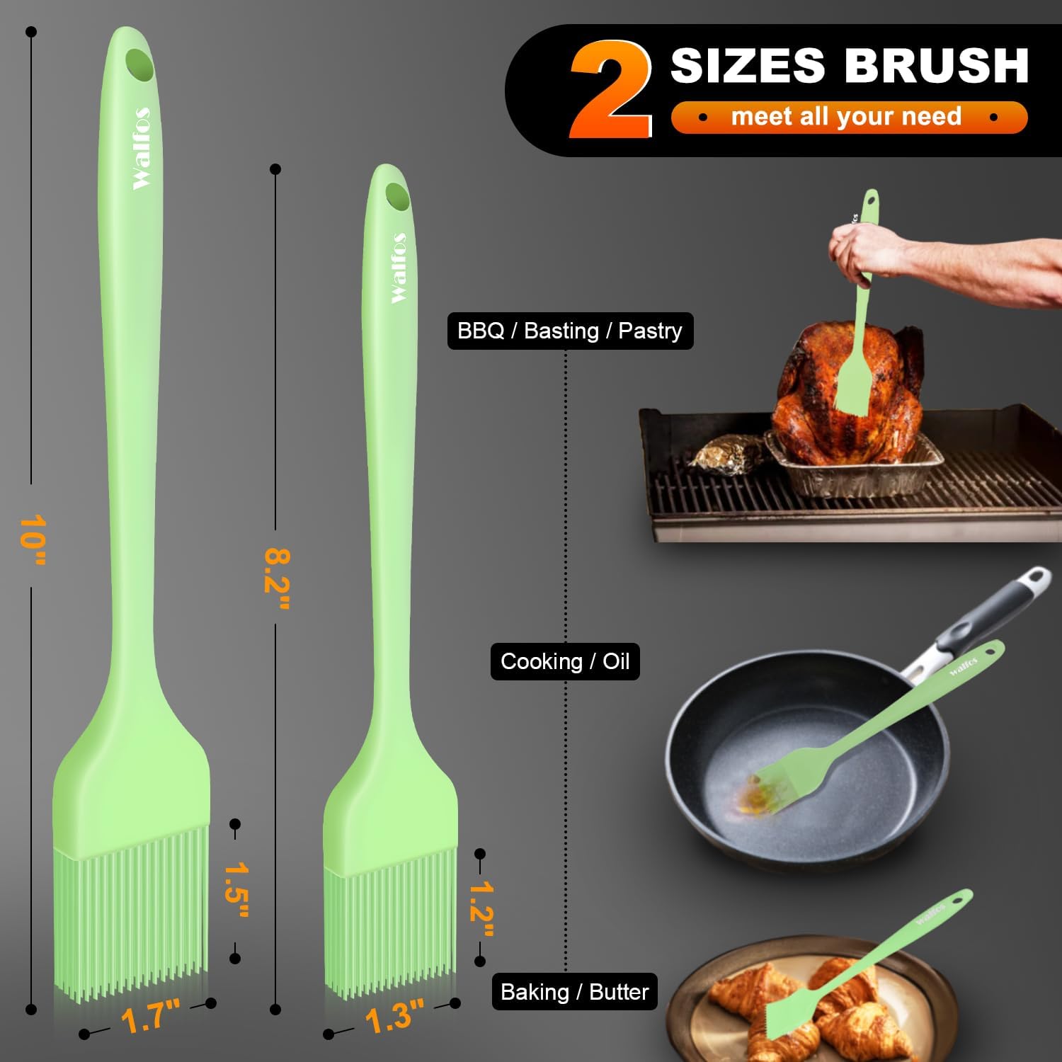 Walfos Basting Brushes Silicone, Heat Resistant Pastry Brushes for Kitchen Cooking, Oil, BBQ Grill, One-Pieces Design,BPA Free and Dishwasher Safe, 2 Pcs (Lime Green)