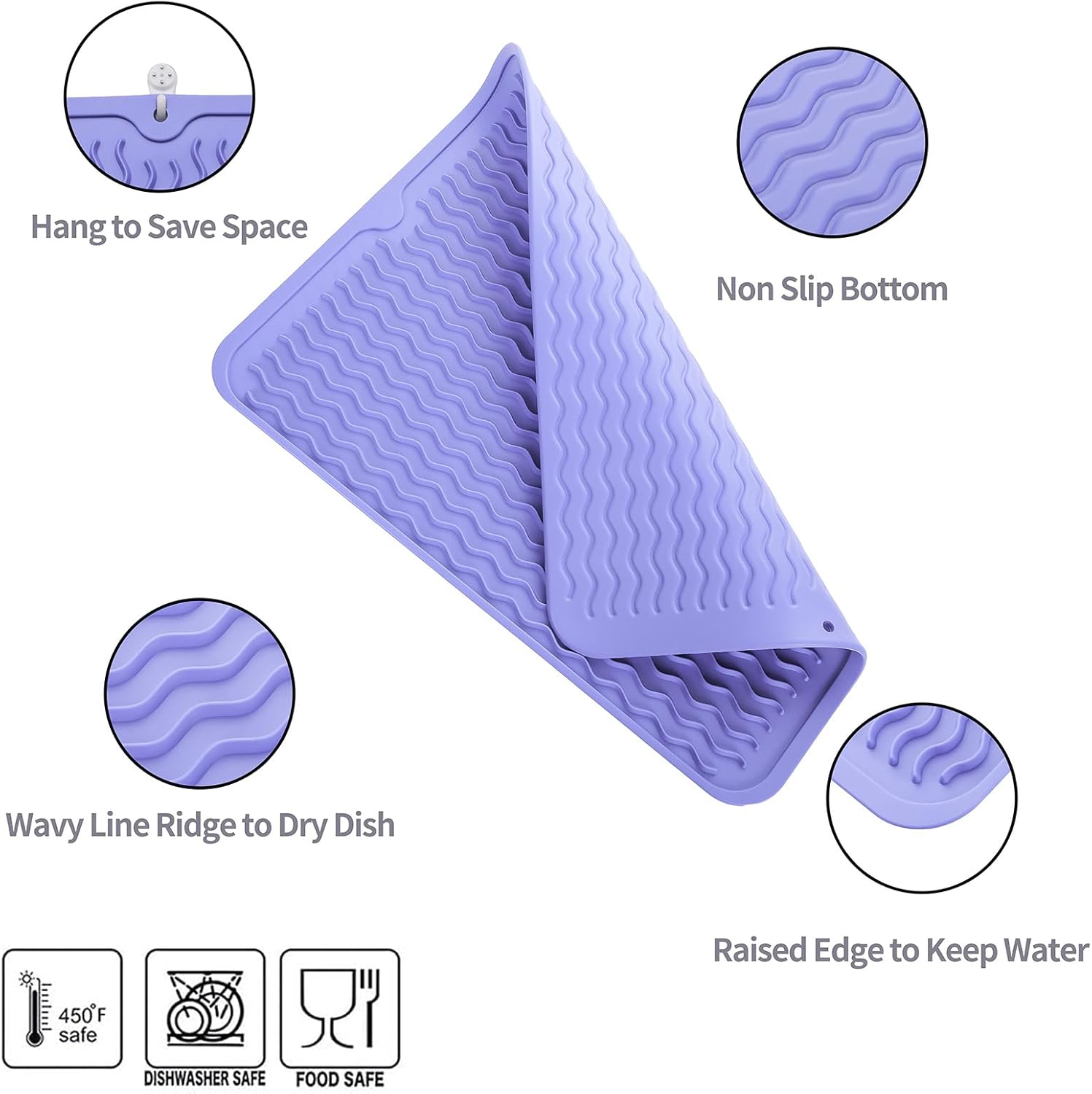 Silicone Dish Drying Mat for Multiple Usage,Easy clean,Eco-friendly,Heat-resistant Silicone Mat for Kitchen Counter or Sink,Refrigerator or drawer liner Light Purple L 16 inches x 12 inches