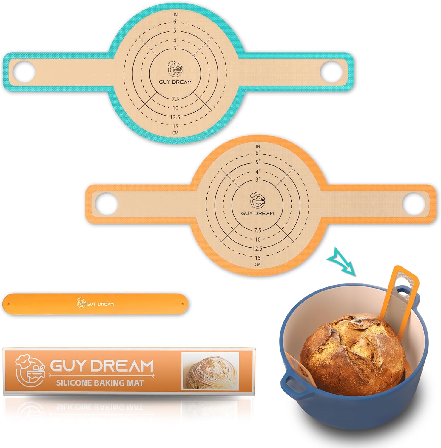 GUYDREMAT Bread Sling - Perfect Silicone Baking Mat for Sourdough Bread Baking – Superior Cast in Iron Dutch Oven Liner, 2 Pieces with Storage Band in GUY DREAM Classic Pack