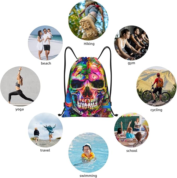 Colorful Skull Drawstring Backpack, Halloween Drawstring Bag, Theme Party Masquerade Decorations Sack String Bag Cinch Waterproof Sackpack for Sport Gym