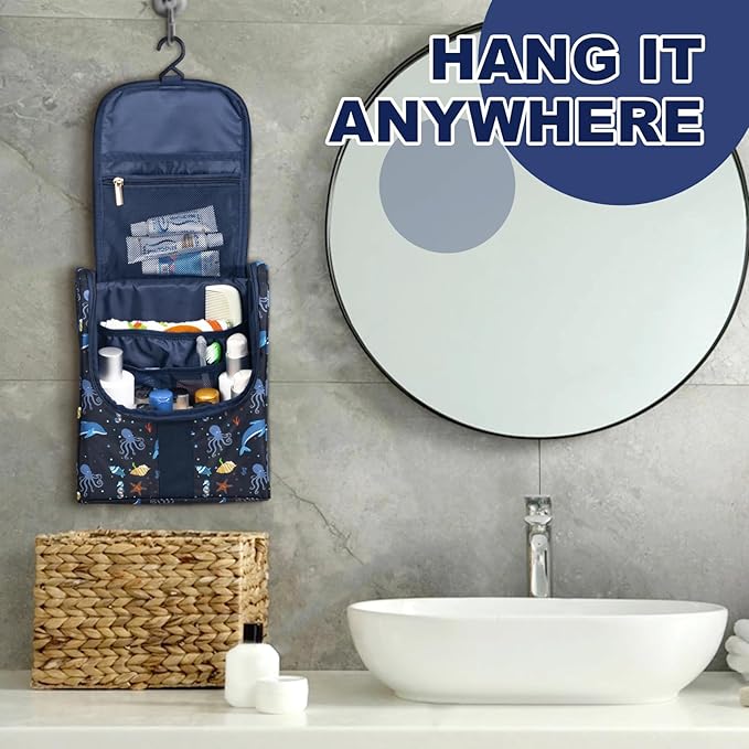 Cute Cartoon Hanging Kids Toiletry Bag Children Travel Cosmetic Makeup Organizer Wash Bag Shower bag Over Night Bag Camping Shaving Kit Bag for Boys & Girls (Sea World)