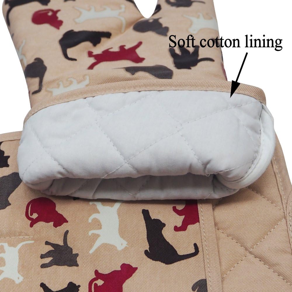 RED LMLDETA Oven Mitts Gloves 1 Pair Heat Resistant 480 ℉ Non Slip Clear Silicone Printed Comfortable Cotton Lining Kitchen Women Men Cooking Barbecue Microwave Machine Washable (Cat, Khaki Mittens)