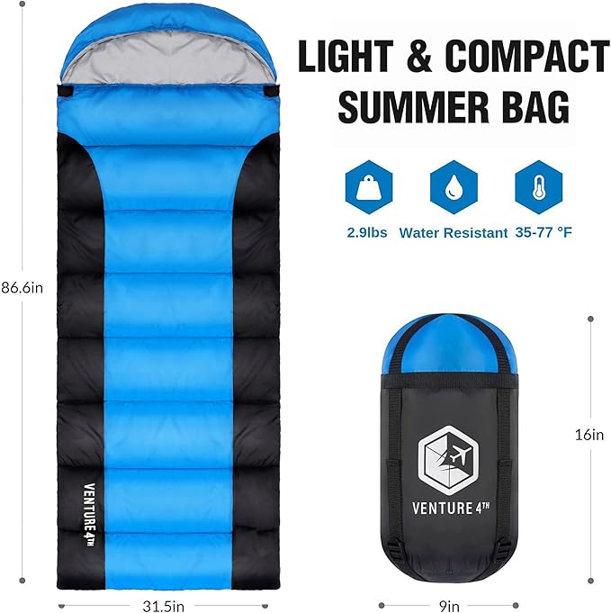VENTURE 4TH Backpacking Sleeping Bag – XXL, Double and Single Sizes - Lightweight Warm & Cold Weather Sleeping Bags for Adults, Kids & Couples – Ideal for Hiking, Camping & Outdoor Adventures