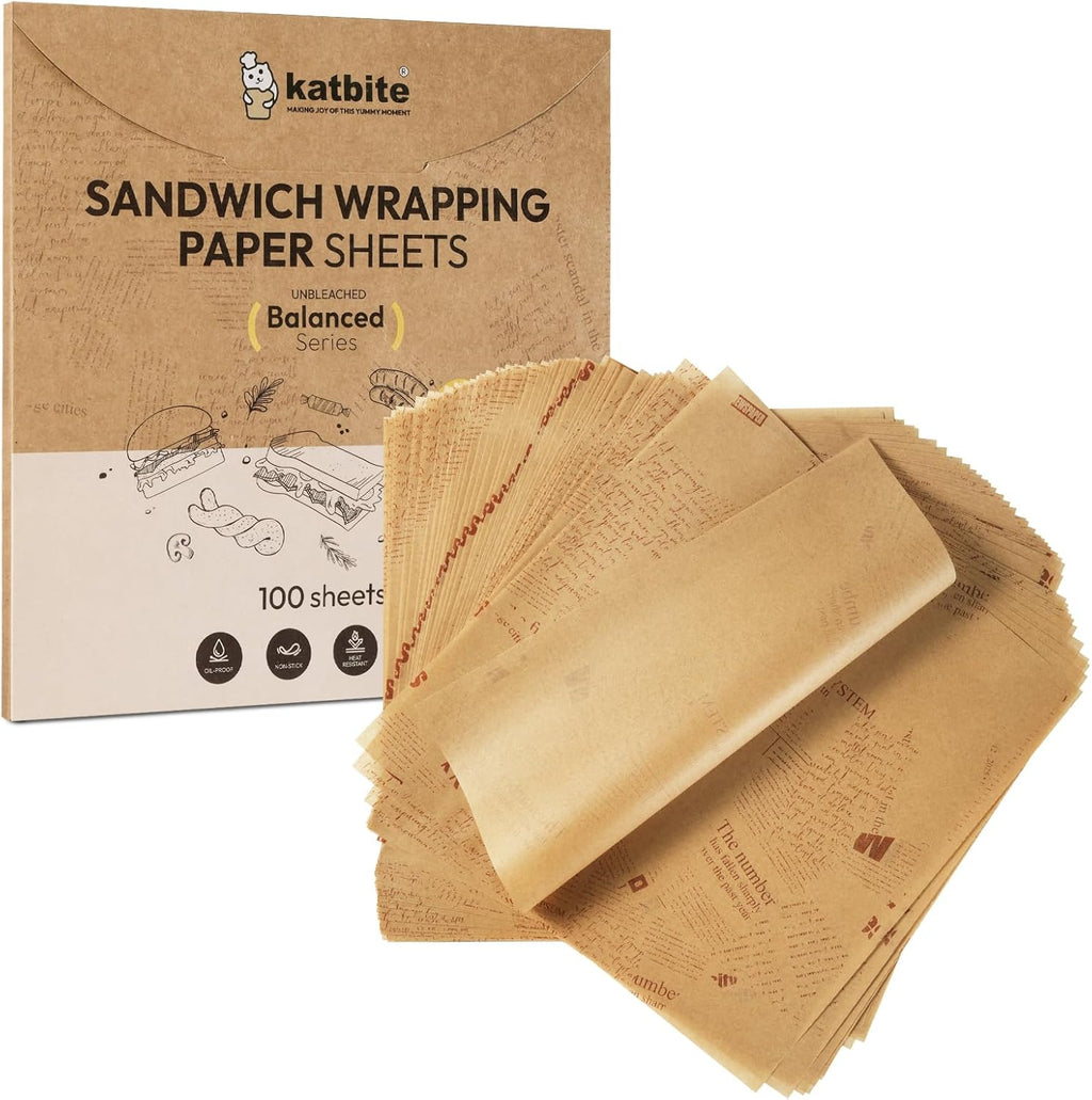 Katbite 100Pcs 12 In Food Wrapping Paper, New Pattern Heavy duty Deli Paper, Greaseproof & Non-stick Parchment Paper, Pre-cut Unbleached Parchment Paper is Perfect for Wrap Bread, Burger and Sandwich