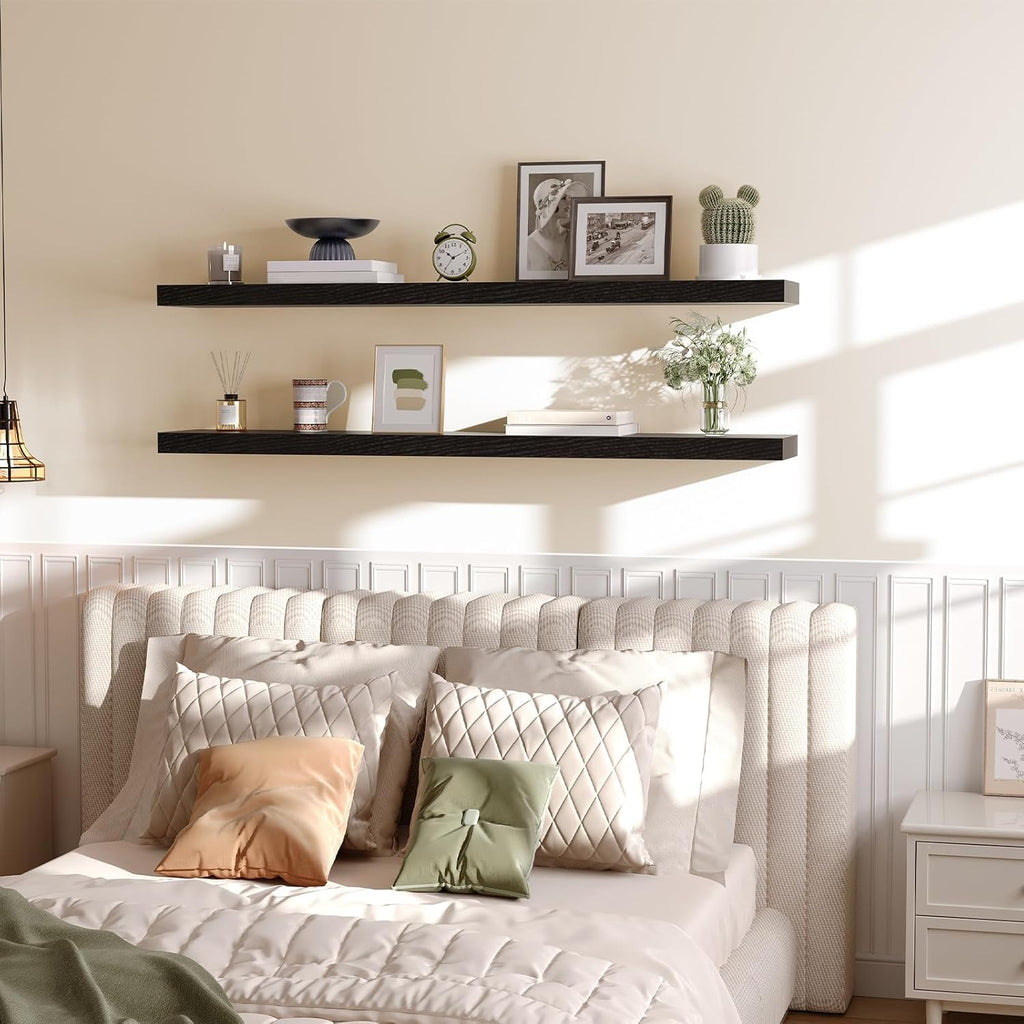 HOOBRO Floating Shelves for Wall, Wall Mounted Shelf Set of 2, 55" Hanging Shelf with Invisible Brackets, for Wall in Bathroom, Bedroom, Toilet, Kitchen, Living Room, Office, Black BK140BJP201