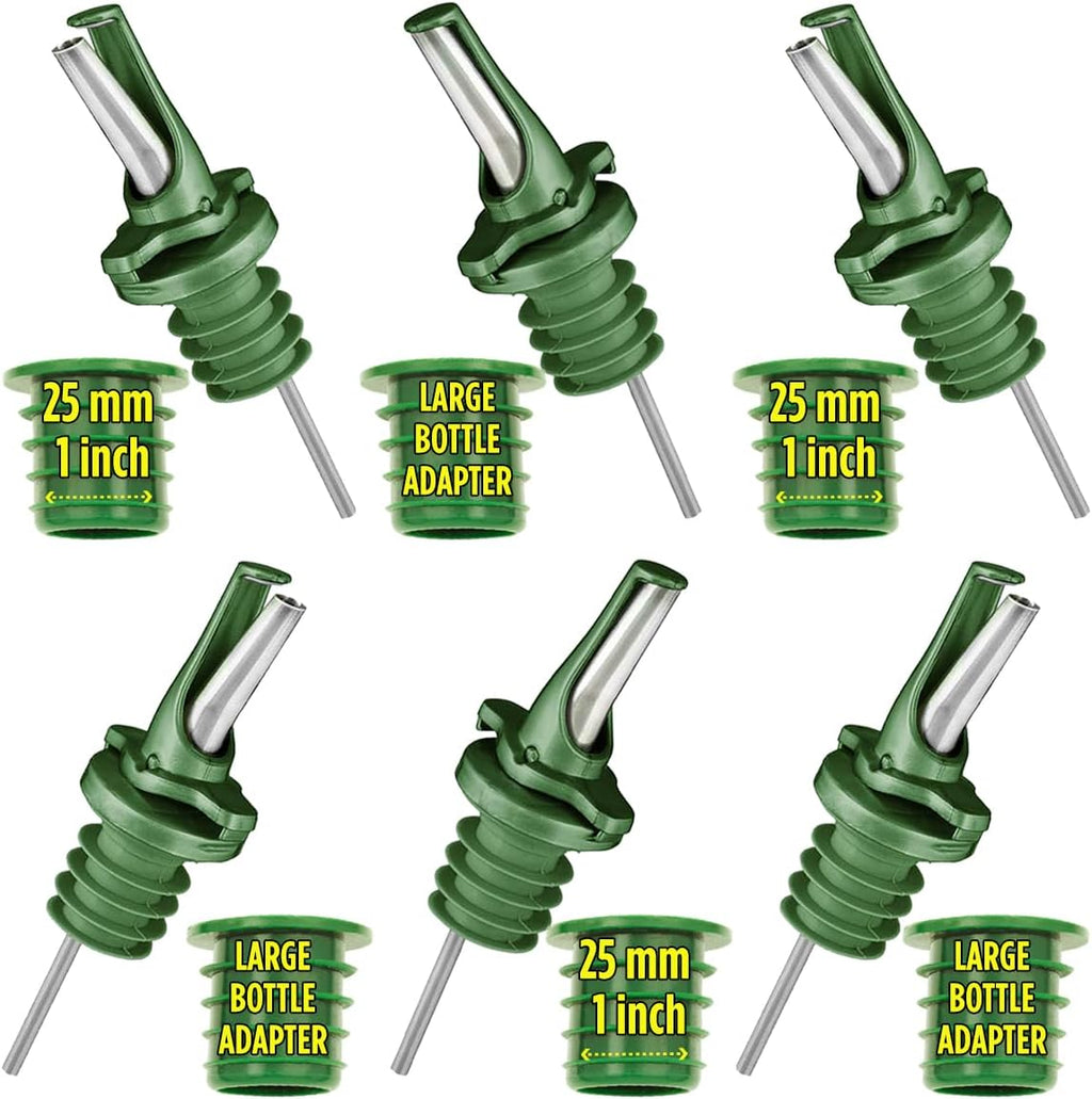 Olive Oil Spout for Olive Oil Dispenser - UK Patented Oil Pourer - Mid Flow Shut Off for Accurate Measurement - One Handed Open & Close Cap Keeps Oil Fresh and Prevents Oxidization - Green 6 Pack