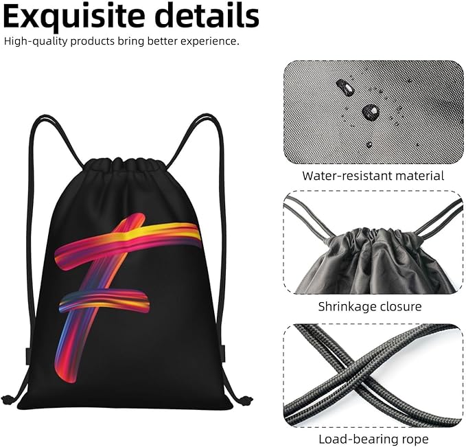 Drawstring Bags Initial Drawstring Backpack Sackpack Black Draw String Cinch Bags for Sports, Gym, Travel, Swimming, Beach, Camping, Rainbow Letter F