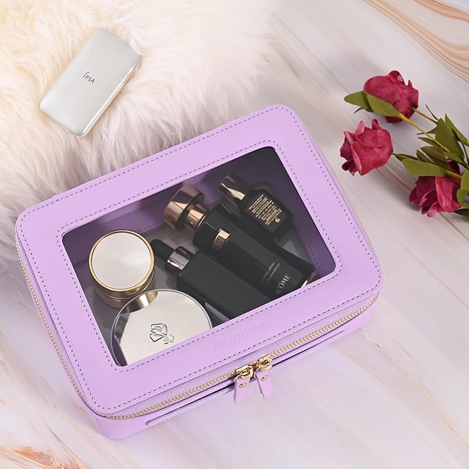 Aveniee Clear Makeup Bag for Women, Cosmetic Bags Skincare Toiletry Bag, Heavy Duty Makeup Organizer, Makeup Train Case with Clear Windows & Gold Zippers(Lilac)