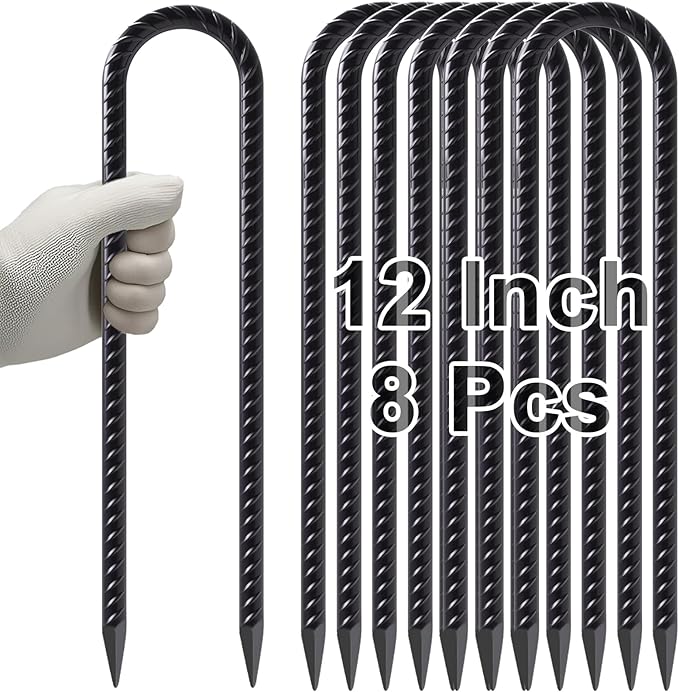 VVOKGO 12 Inches Trampoline Stakes Anchors High Wind Heavy Duty, 8pcs U Shaped Ground Rebar Metal Tent Galvanized Steel Stakes Tie Down Anchor Kit for Camping Tents, Soccer Net, Swing Set Black