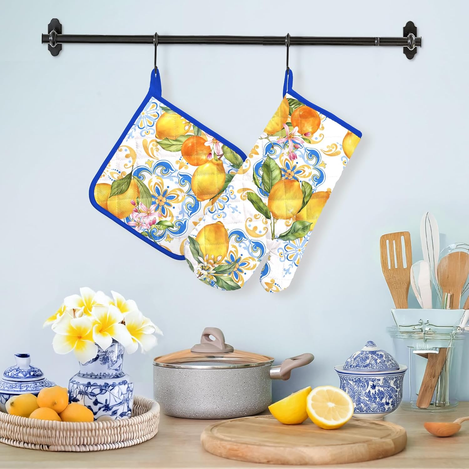 Summer Lemon Oven Mitts and Pot Holders Sets 2Pcs, 100% Cotton Heat Resistant, Extra Long Oven Gloves Potholder for Kitchen Cooking Baking Decoration