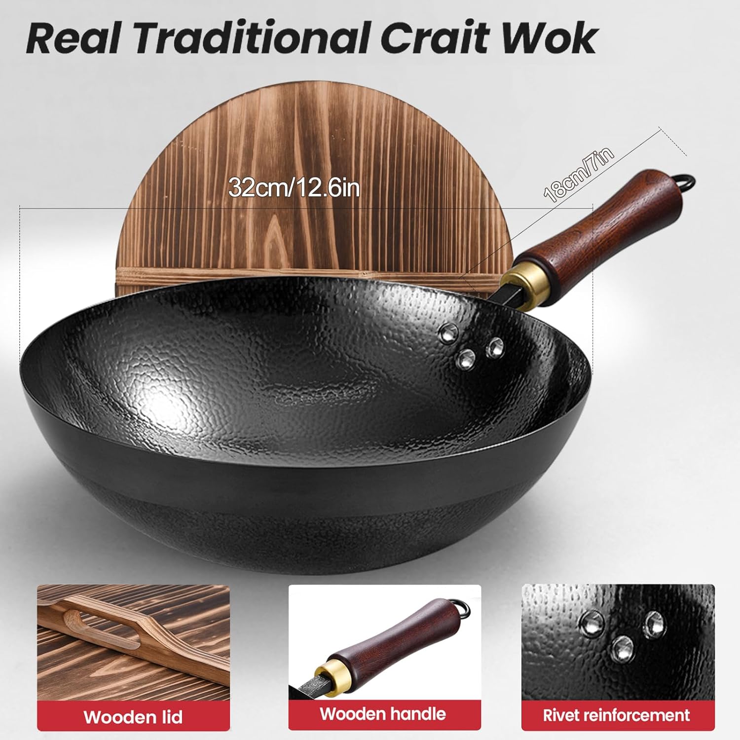 Carbon Steel Pan, 12.6″ Woks & Stir-Fry Pans with Wooden Lid Cookwares, Nonstick Wok, No Chemical Coated Round Bottom Hand Hammered Chinese Wok For Gas