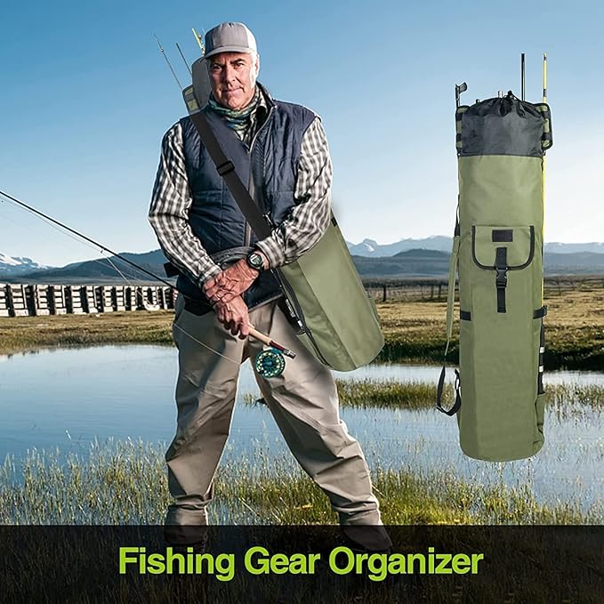 DONQL Fishing Rod Bags - Outdoor Pole Holders, Multifunction Camping Portable Canvas Backpack Case - Fish Rod Storage Bag Holding 5 Poles & Tackles (Dark Green)