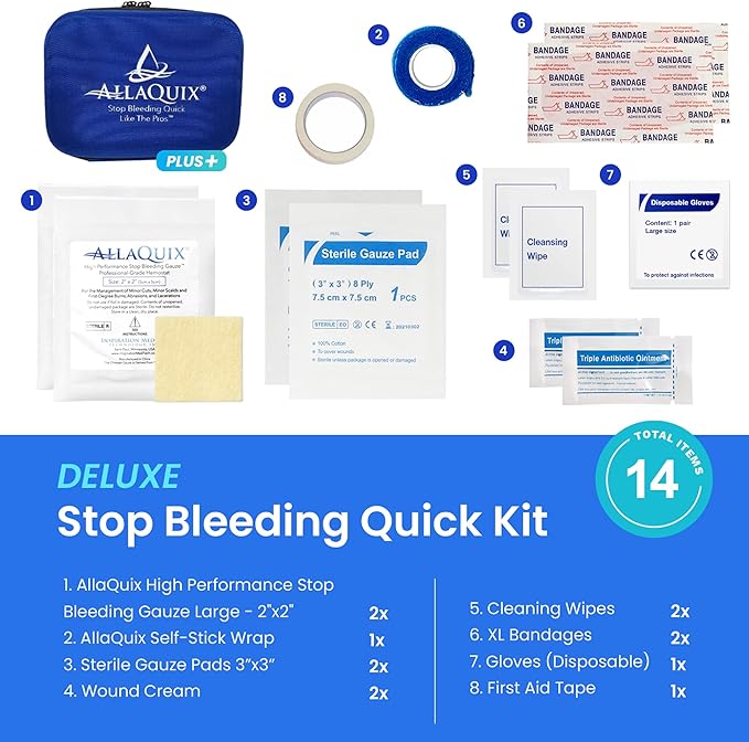 Stop Bleeding Quick Kit - First-aid with AllaQuix Stop Bleeding Gauze (Blood clotting Bandage) (Deluxe)…