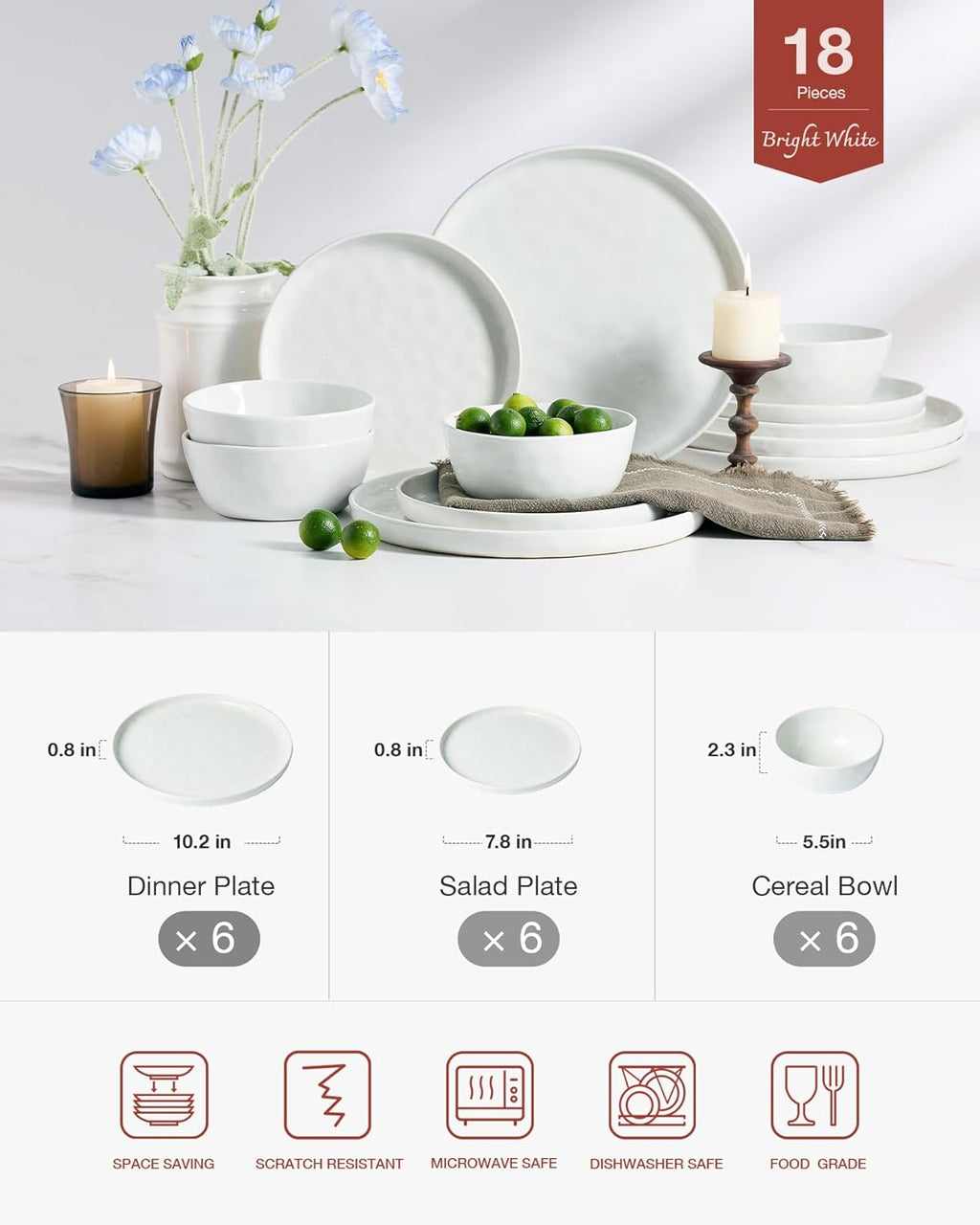 Famiware Mars Plates and Bowls Set, 18 Pieces Dinnerware Sets, Dishes Set for 6, White