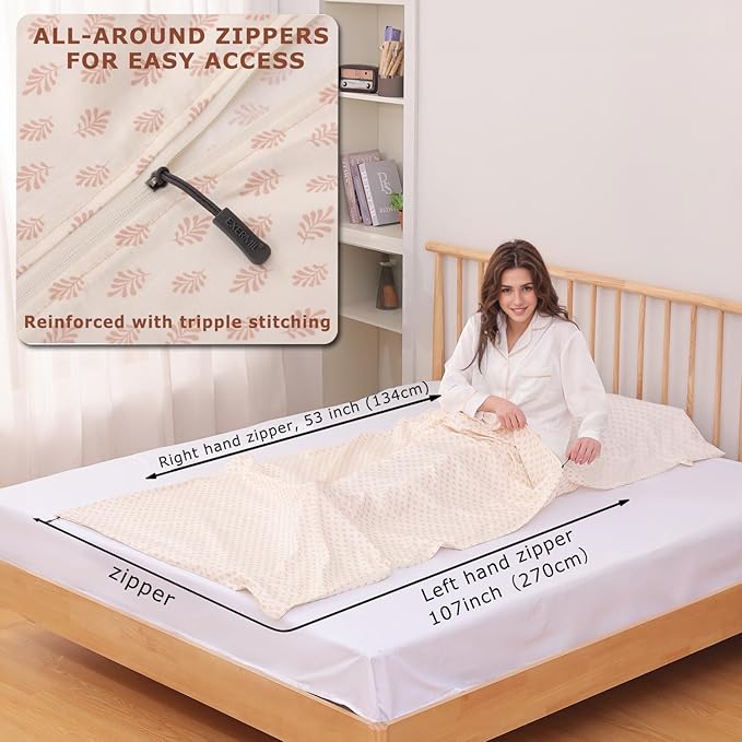 100% Cotton Sleeping Bag Liner with Full Length Zipper on 3 Sides; Single/Double Adult Sleep Sack for Travel & Camping, Multifunctional Travel Sheets (Unzipped 87”x87”) for Hotel, Lightweight