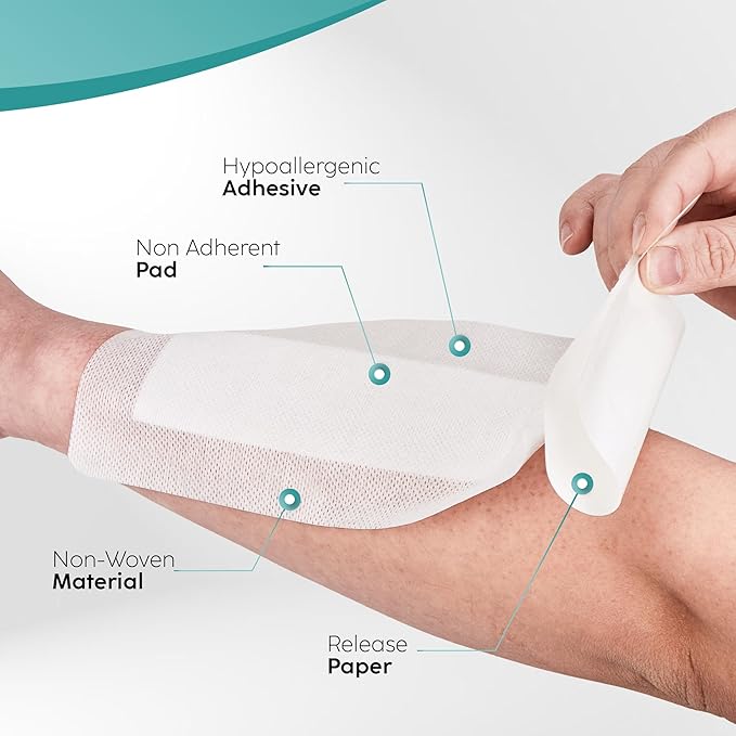 Elleirb Water-Resistant Island Dressing 4x10, Large Non-Stick Pads w/Adhesive Border Bandages for Wounds | 30 Individually Packed Wound Care & Dressings, Highly Absorbent, Latex-Free First-Aid Kits