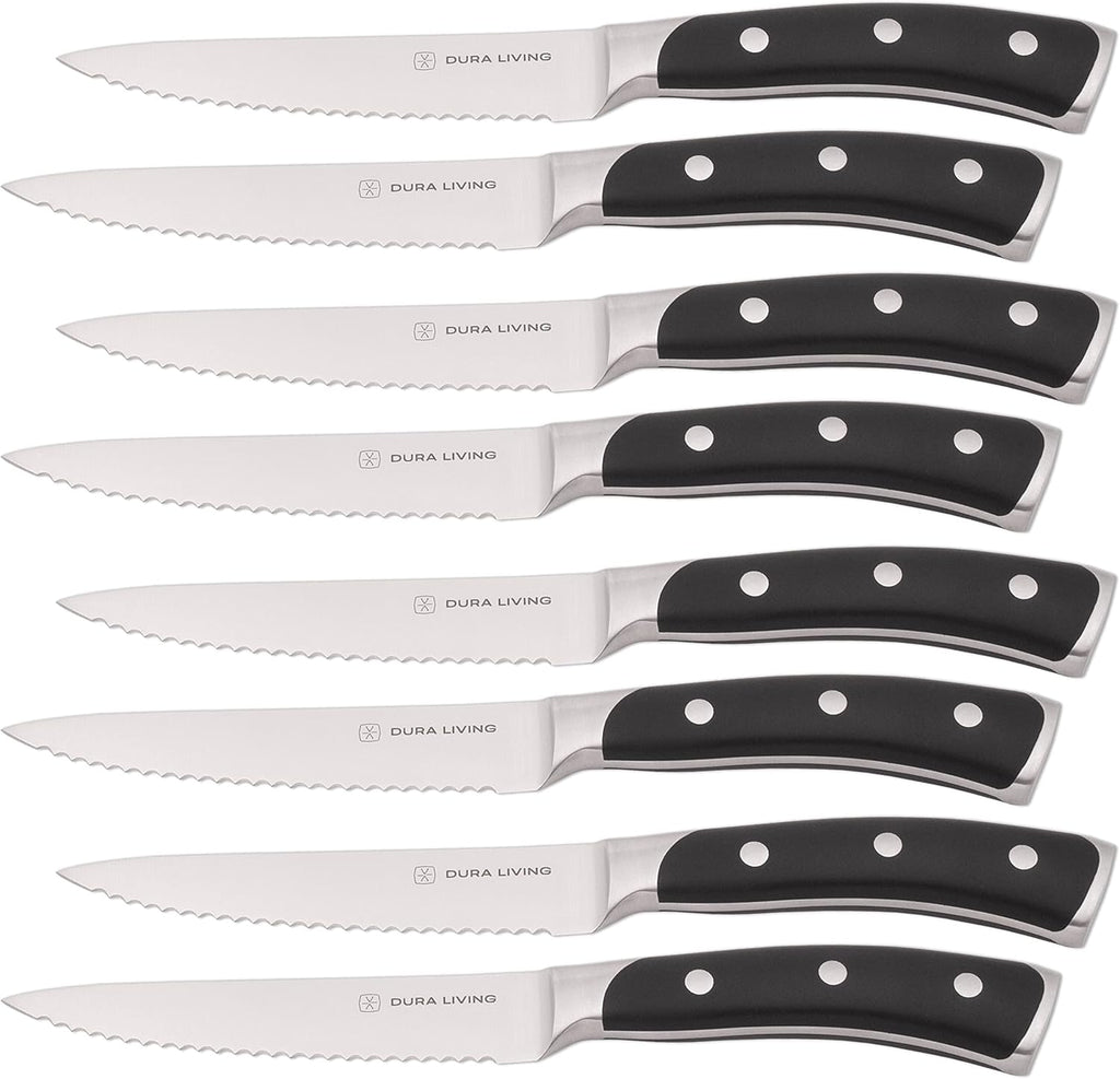8-Piece Serrated Kitchen Steak Knife Set – Forged High Carbon Stainless Steel, Ultra Sharp, Ergonomic Black Handles, Durable Dinner Knives, Black Handle