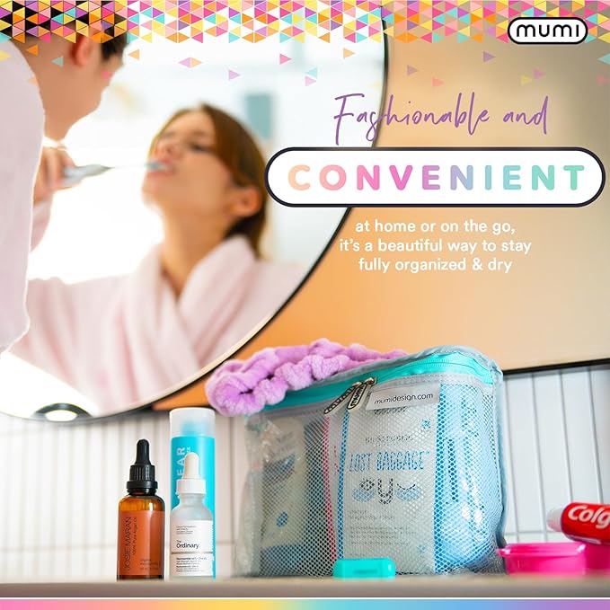 MUMI Travel Toiletry Bag Set of 3 – Clear TSA Approved Toiletry Bags for Women – Reusable Water-Resistant Makeup Organizer Pouches for Skincare, Cosmetics, Travel Accessories, Airport Packing - Aqua