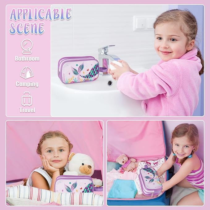 WAWSAM Mermaid Toiletry Bag - Kids Toiletry Bag for Girls Christmas Birthday Gift Camping Travel Toiletry Case Toiletries Makeup Cosmetic Pouch Pink Water-resistant Wash Bag Dopp Kit with Mesh Pocket