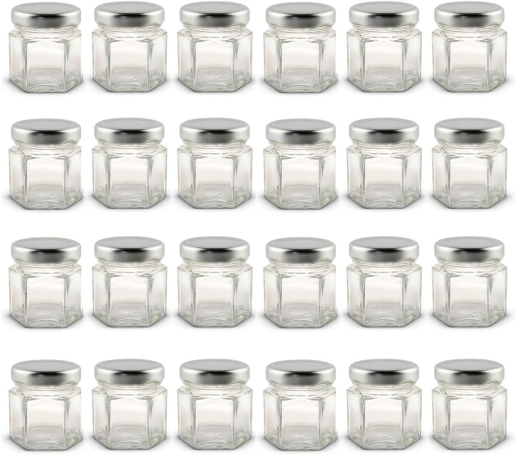 1.5 oz Hexagon Mini Glass Jars with Silver Lids (Pack of 24)