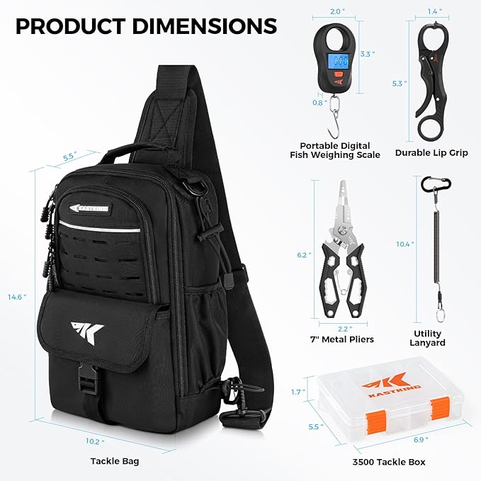 KastKing Everyday Essential Fishing Backpack & Tool Set, Fishing Sling Tackle Bag & 3500-Tackle Box Waterproof, Fishing Scale, 7" Fishing Pliers, Lip Gripper-Fishing Gear and Fishing Gift for Men