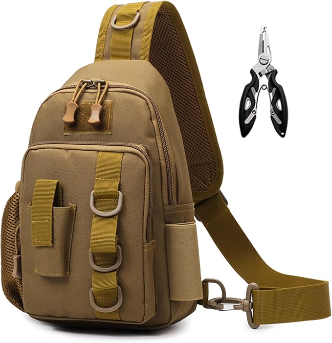 Fishing Sling Bag - Small Fishing Tackle Storage Bags with Rod Holder (Tan)