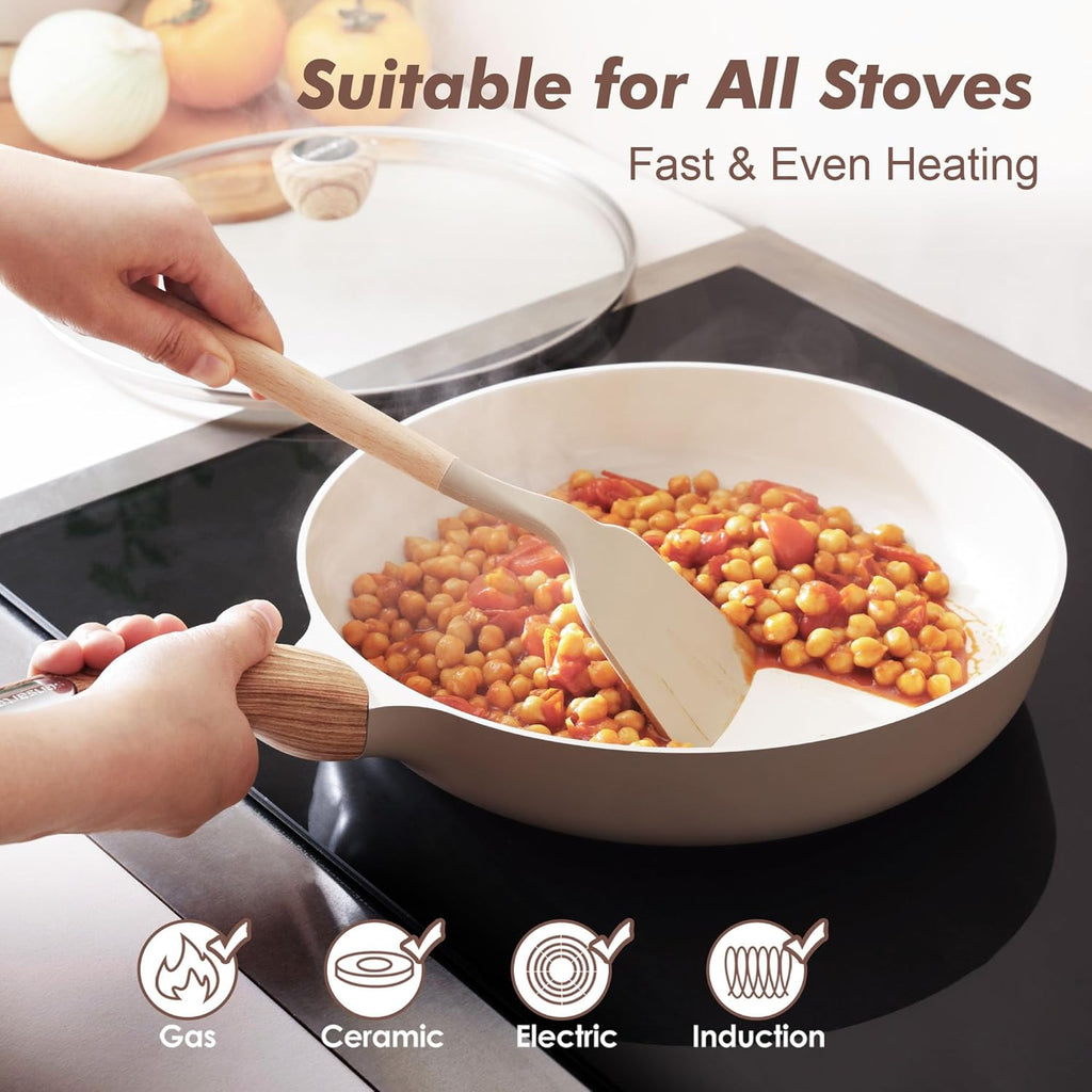SENSARTE Ceramic Nonstick Frying Pan Skillet with Lid 11inch, Non Stick Pan Omelette Pans, Non-toxic Kitchen Cooking Chef's Pan, Free of Intentionally Added PFOA/PFAS/PTFE, Induction Compatible, Taupe