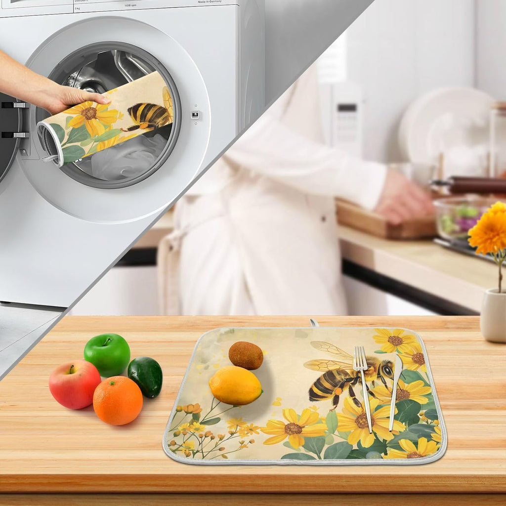 Honey Bee Dish Drying Mat for Kitchen Counter Absorbent Microfiber Small Drying Pad Dish Yellow Flowers Leaves Mats for Kitchen Countertops 16 x 18 Inch