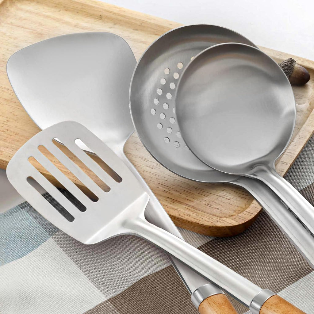 Pleafind 4-Pcs Cooking Utensils Set, Stainless Steel Kitchen Utensils with Wooden Hanlde, Kitchen Essentials Set Include Wok Ladle, Slotted Spoon, Wok Spatula and Slotted Spatula, Dishwasher Safe