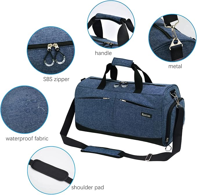 Kuston Sports Gym Bag with Shoes Compartment &Wet Pocket Gym Duffel Bag Overnight Bag for Men and Women (Navy blue)