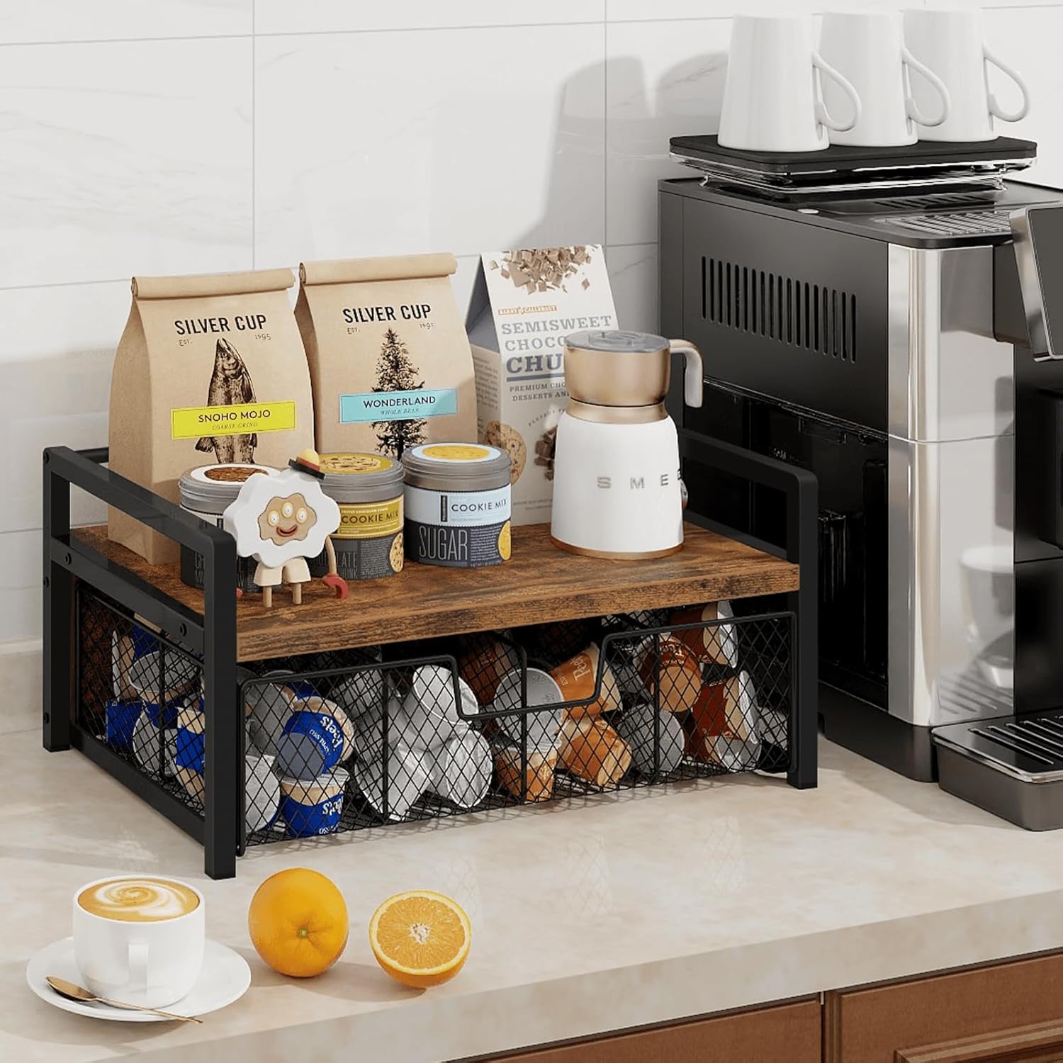 Homode Tea Bag Organizer, Wood Tea Organizers and Storage Chest, Teabag Holder with Storage Drawer,Tea Station Chest Display Container Box for Countertop Kitchen, Rustic Brown