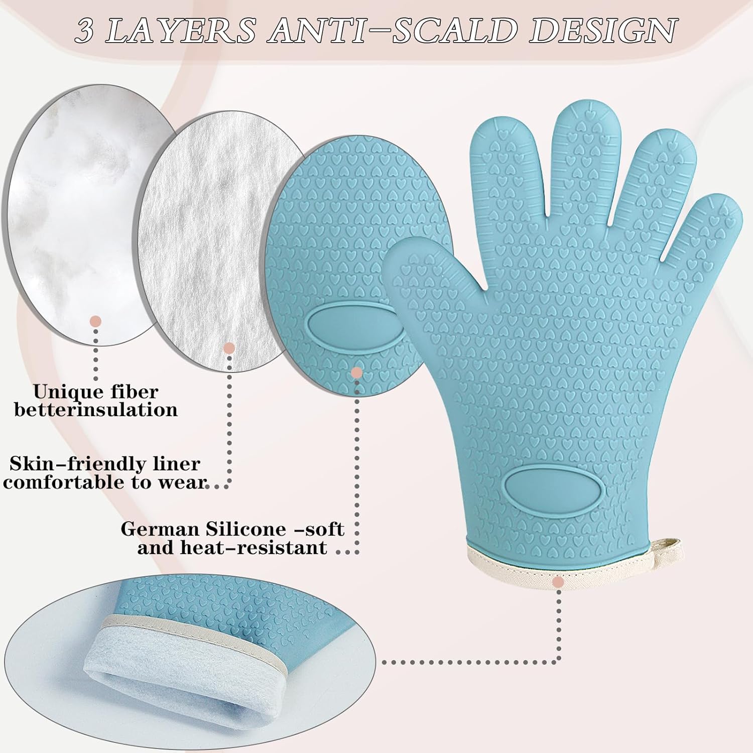 Oven Mitts with Fingers, Heat Resistant 500°F, Waterproof & Non-Slip Kitchen Gloves for Baking, Grilling, Cooking - 5-Finger Design with Soft Lining, Hanging Hook,Pale Blue