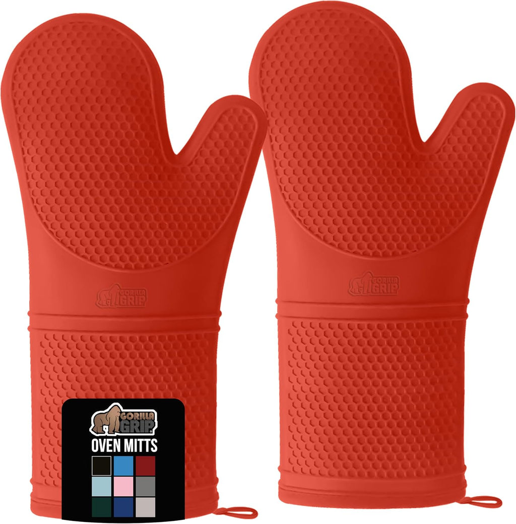 GORILLA GRIP BPA-Free Soft Silicone Oven Mitts, 14.5x8.3, Heat Resistant and Waterproof Cooking Gloves, Thick Cotton Lining, Flexible Gripping for Baking Grilling, Kitchen Potholders Set of 2, Coral