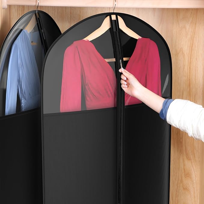 Univivi Long Garment Bags for Hanging Clothes, 54" Dress Bags for Gowns Long for Closet Storage with Large Visible Window for Long Suits, Coats, Dresses, 2 Pack, Black