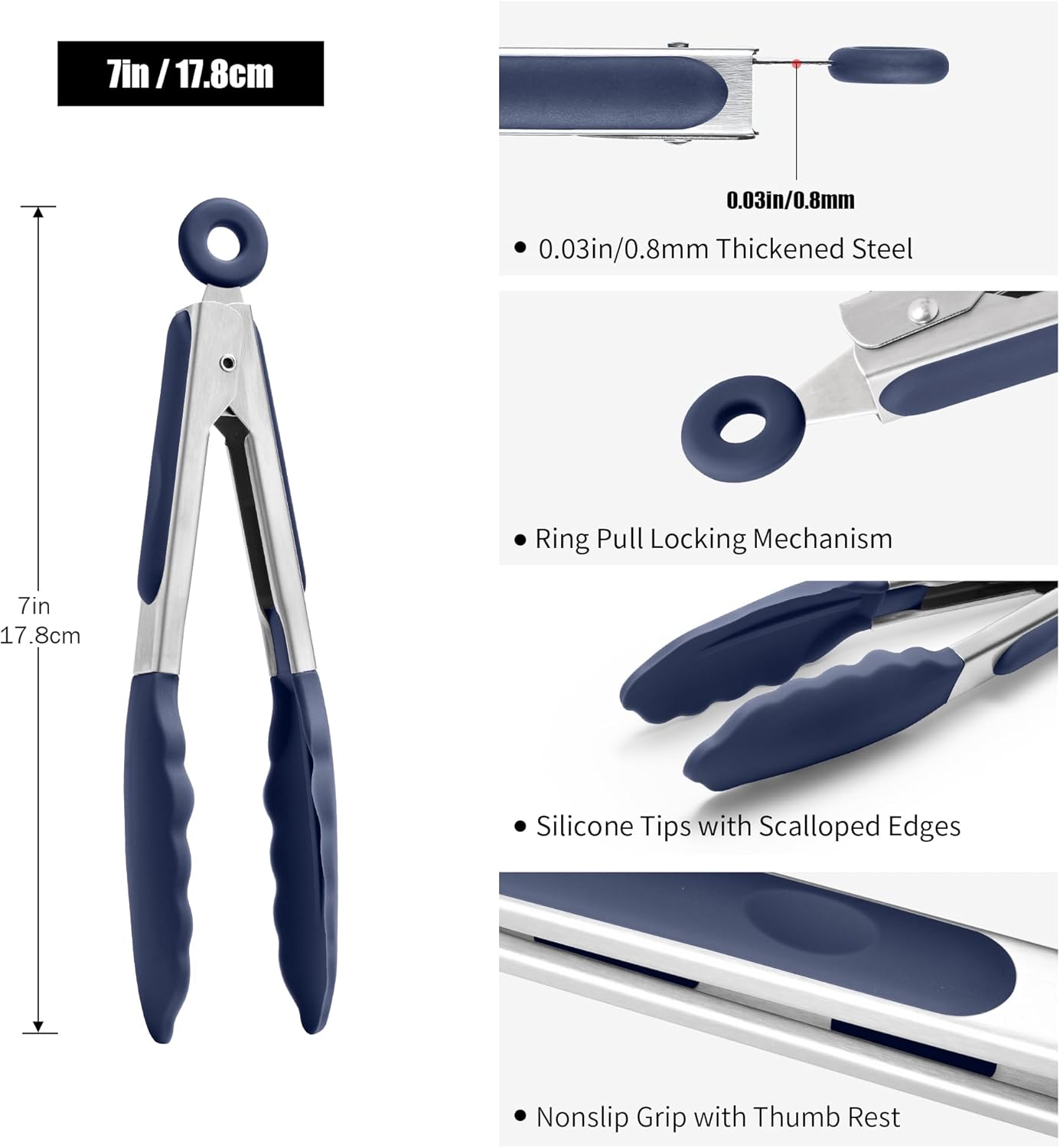 Doosu Kitchen Tong for Cooking: 600°F Heat-Resistant Silicone Food Tong, Stainless Steel Locking Tongs for BBQ (7in, Blue)