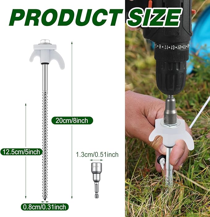 20 Pcs 8" Screw in Tent Stakes Heavy Duty Tent Stakes Drillable Ground Anchors Screw Metal Tent Pegs Threaded Tent Spikes with Head Driver for Swing Inflatable Decor (White)