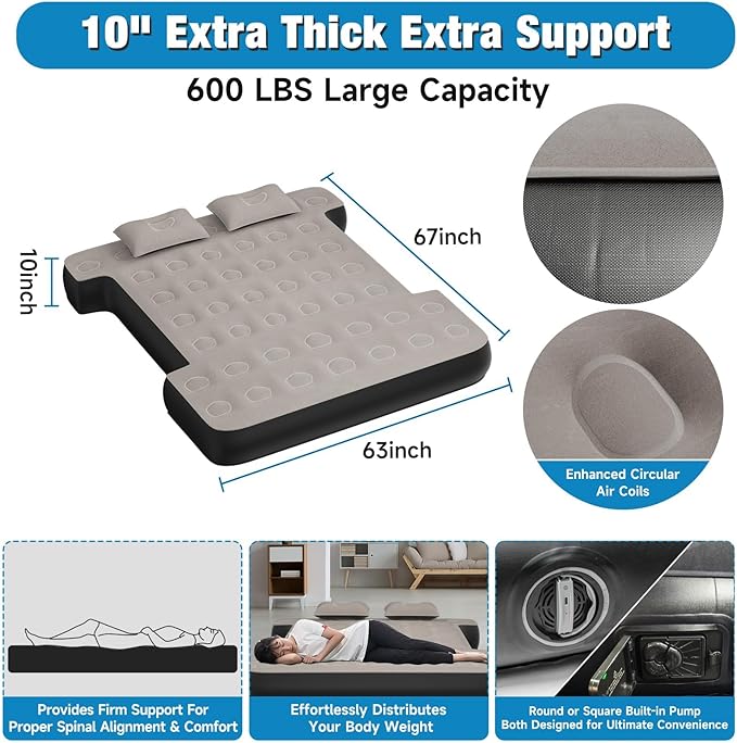 Truck Bed Mattress 5.5-5.8ft: Inflatable Full Size Truck Bed Air Mattress with Wireless Rechargeable Pump, Pickup Mattress with Carry Bag (Khaki)