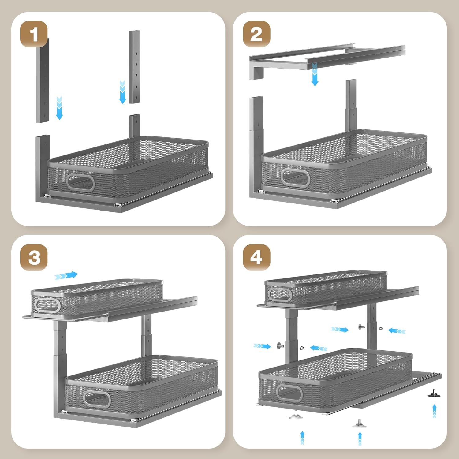 2 Pack 21IN-Depth Under Sink Organizer With Next-Gen Ball-Bearing Slides,2-Tier Precision Mesh Pull Out Cabinet Storage for Bathroom&Kitchen,Height Adjustable Drawers Shelf,Anti-rust-Grey