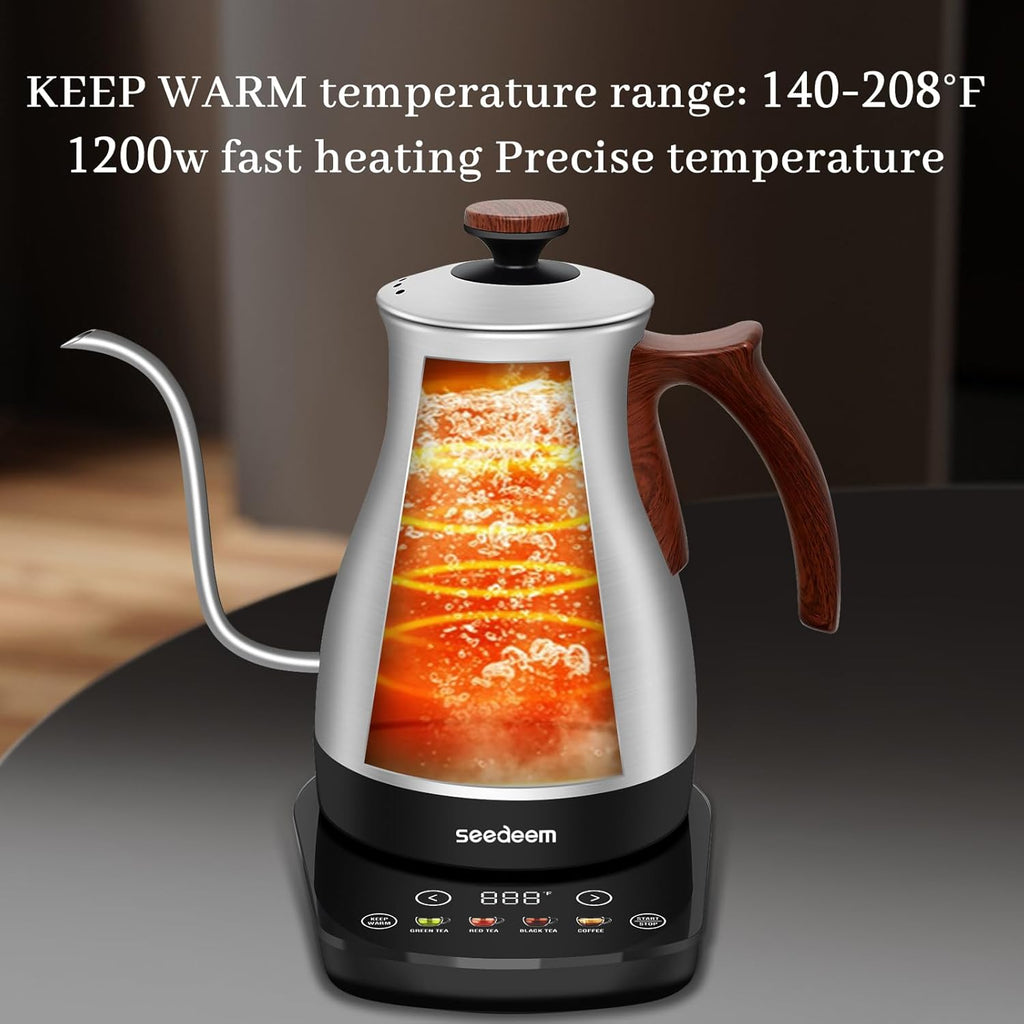 SEEDEEM Gooseneck Electric Kettle Full Touch Screen 1200W Electric Tea & Coffee Kettle with Four Heating Modes Rapid Heating,±1℉ Temperature Control，Keep Warm Mode,1L Electric kettle