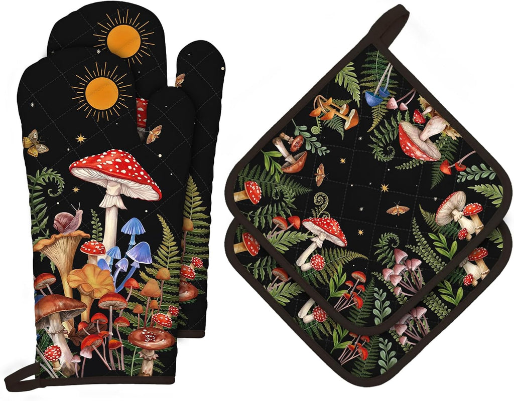 Mushroom Grass Oven Mitts and Pot Holders Sets 4Pcs, 100% Cotton Heat Resistant, Extra Long Oven Gloves Potholder for Kitchen Cooking Baking Decoration
